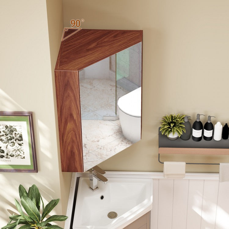 Space-Saving Corner Medicine Cabinet with Mirror Door & Adjustable Shelf for Bathroom - Brown
