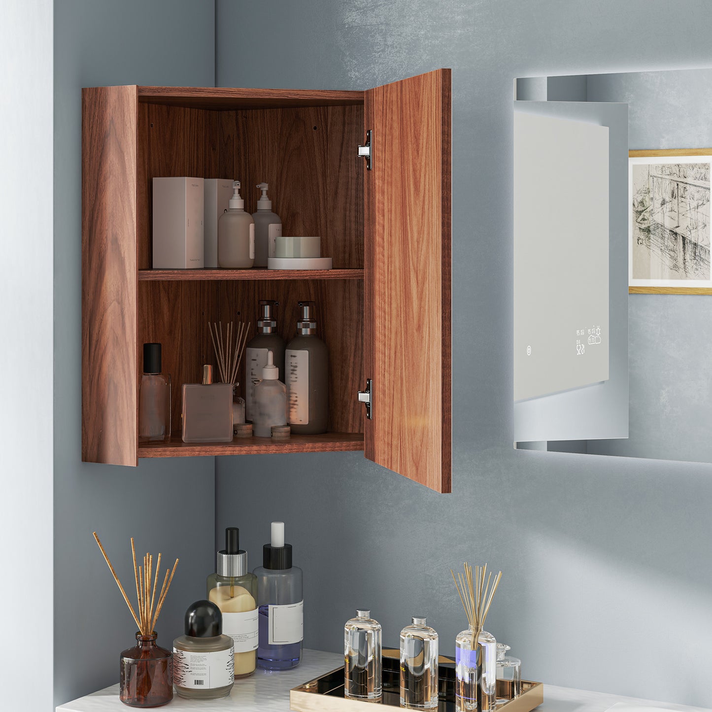 Space-Saving Corner Medicine Cabinet with Mirror Door & Adjustable Shelf for Bathroom - Brown