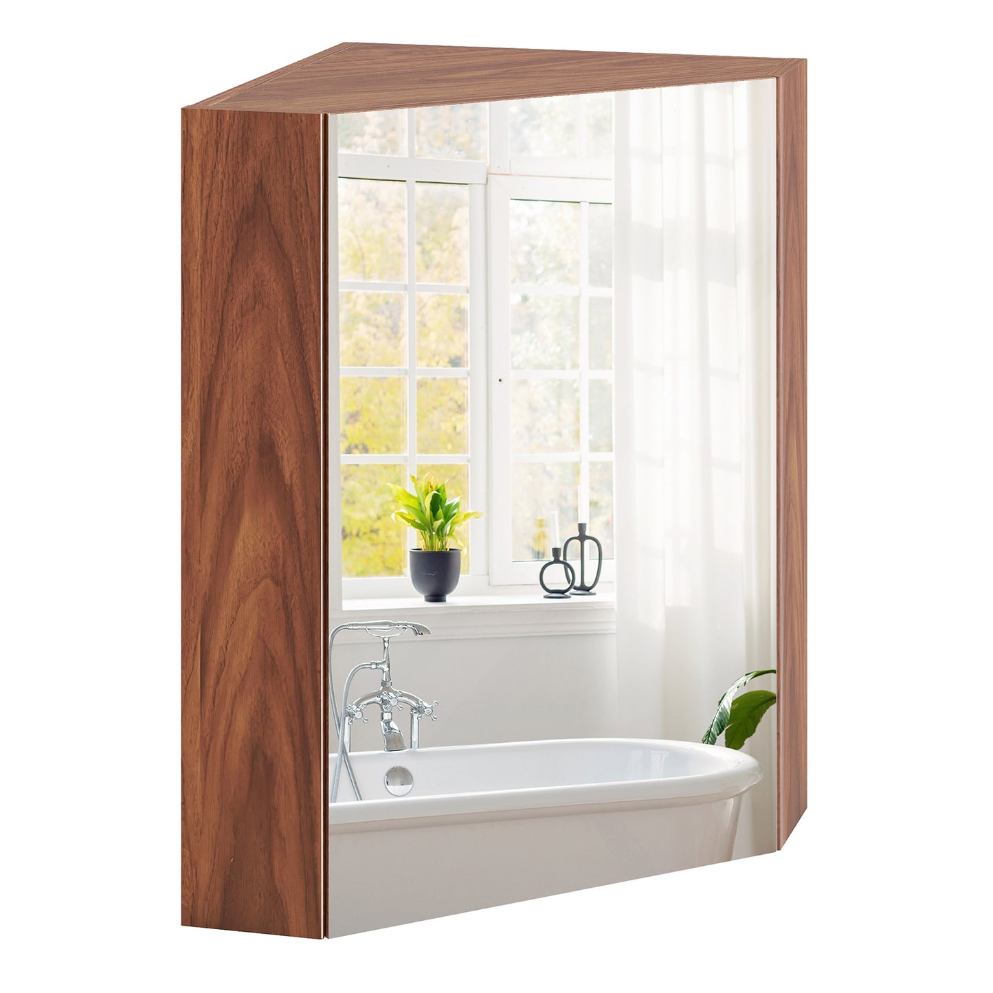 Space-Saving Corner Medicine Cabinet with Mirror Door & Adjustable Shelf for Bathroom - Brown