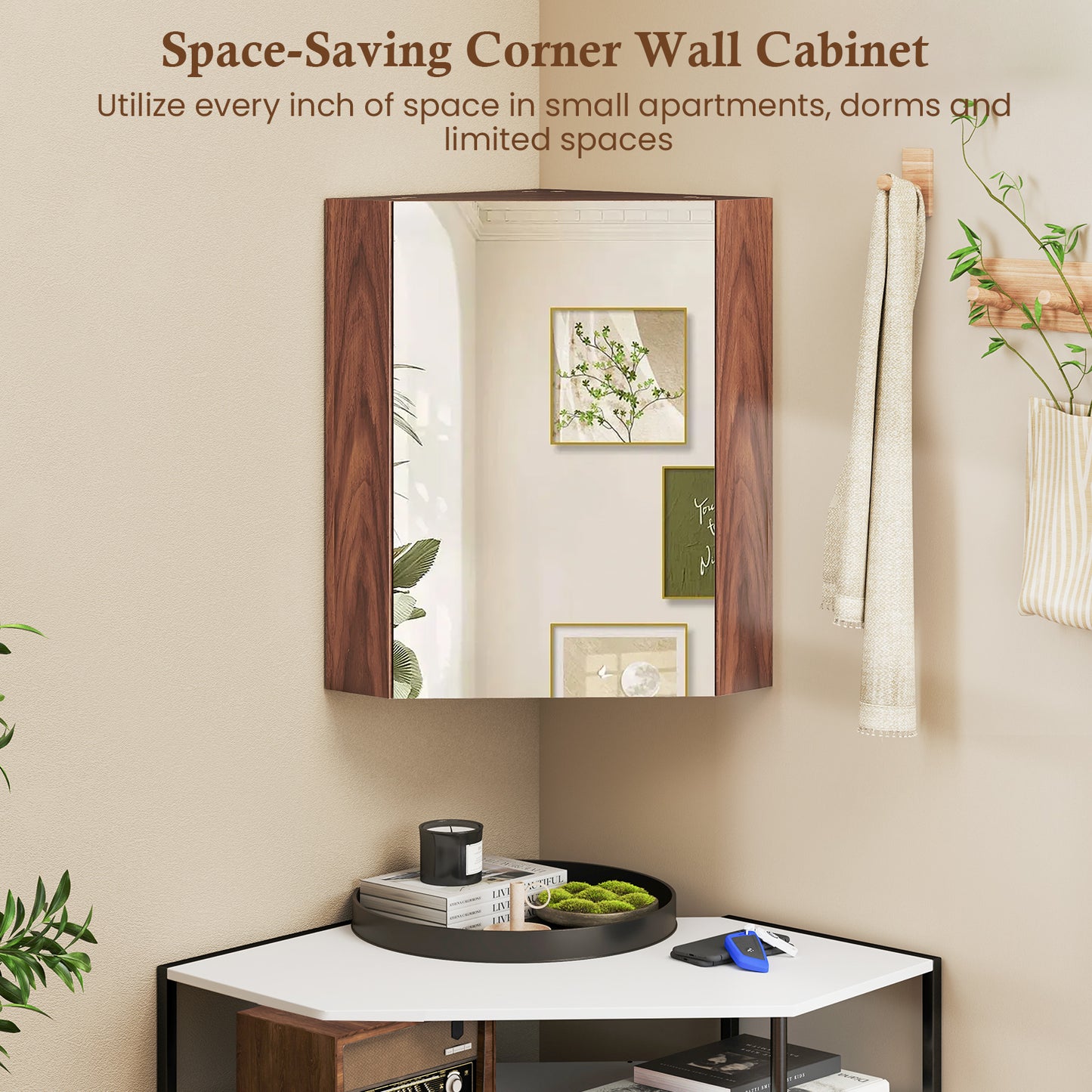Space-Saving Corner Medicine Cabinet with Mirror Door & Adjustable Shelf for Bathroom - Brown
