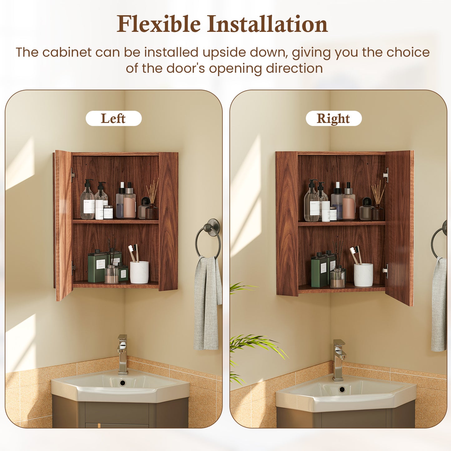 Space-Saving Corner Medicine Cabinet with Mirror Door & Adjustable Shelf for Bathroom - Brown