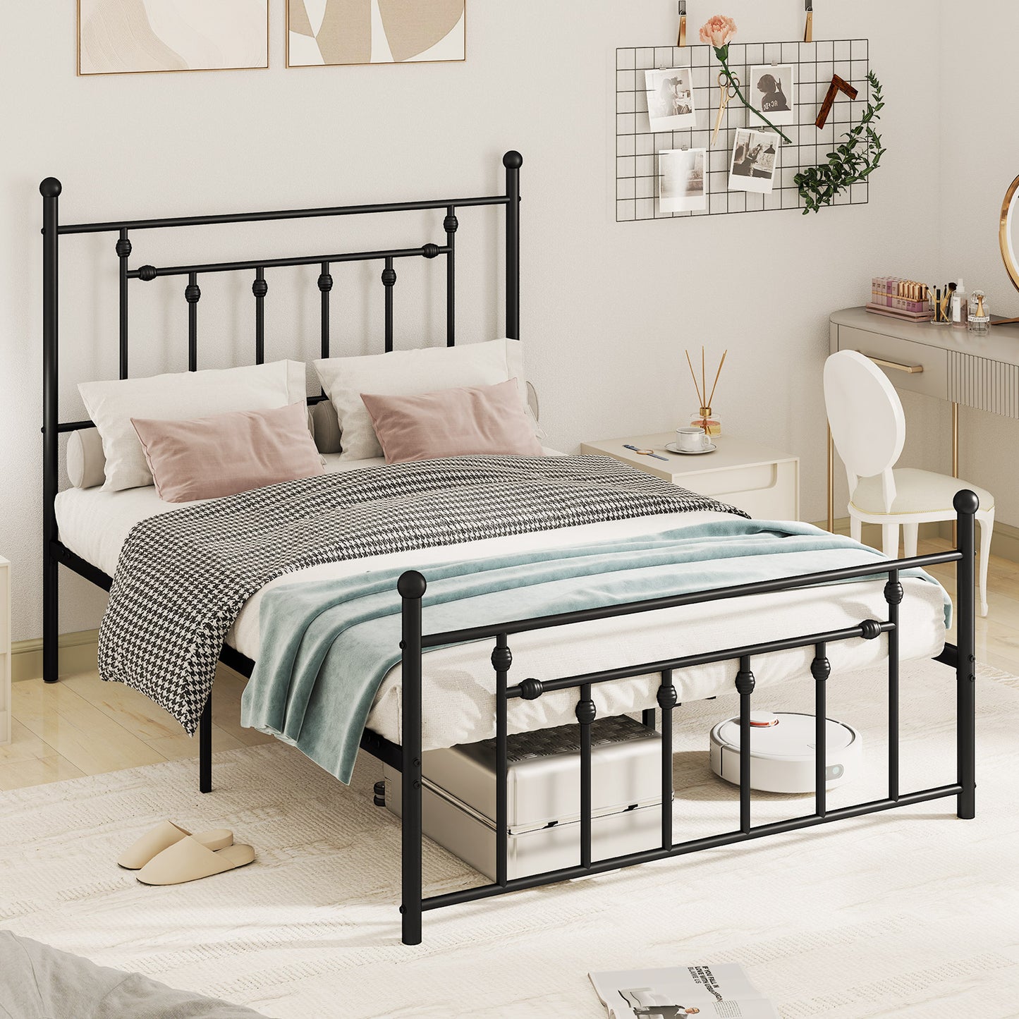 Black Metal Bed Frame with Slatted Base and Elevated Headboard, Full Size