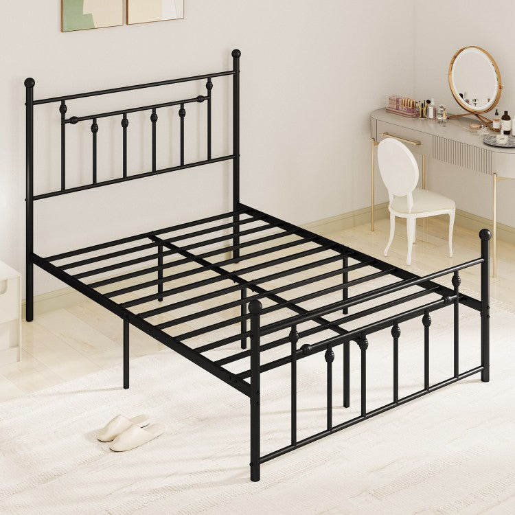 Black Metal Bed Frame with Slatted Base and Elevated Headboard, Full Size