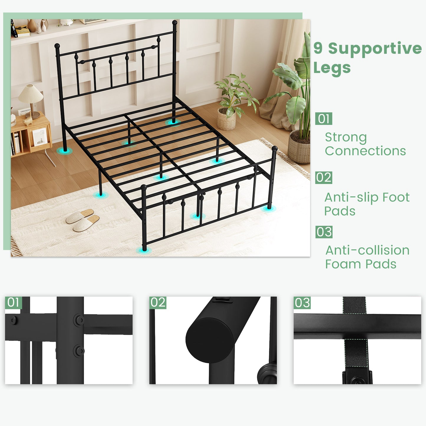 Black Metal Bed Frame with Slatted Base and Elevated Headboard, Full Size