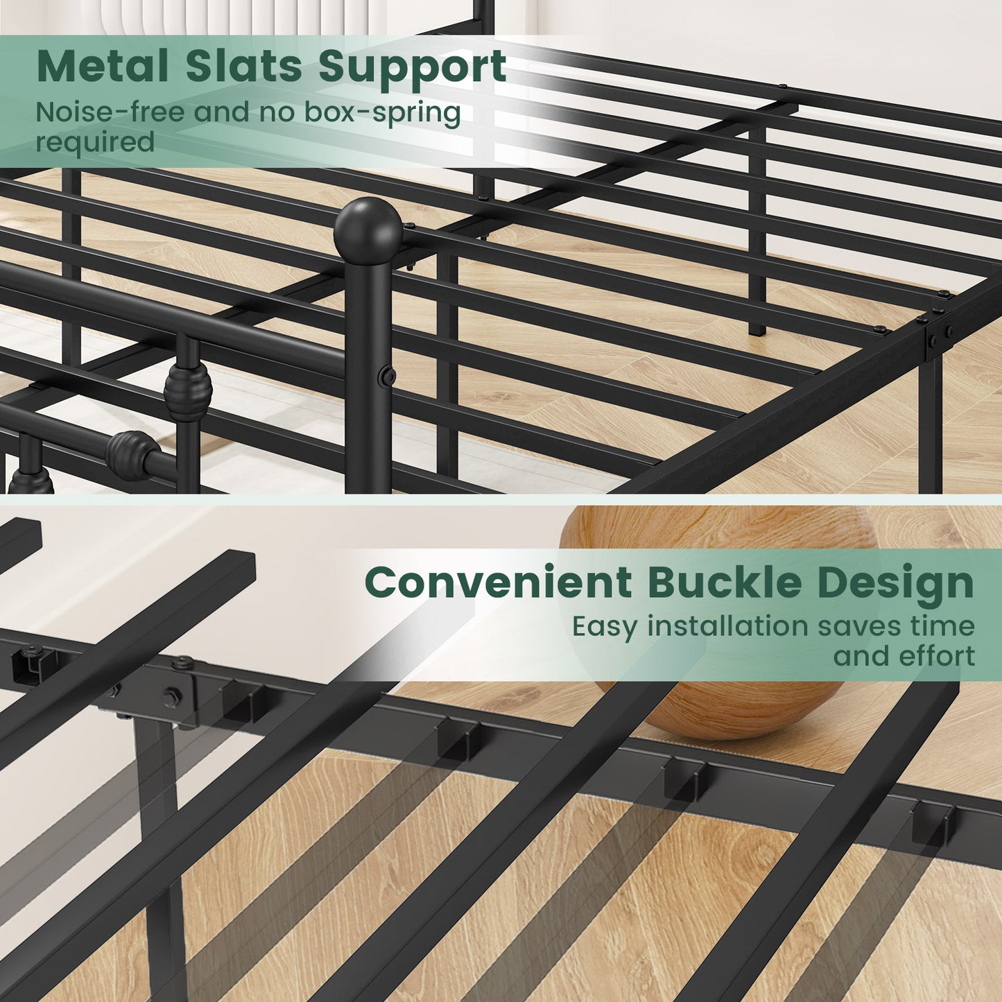 Black Metal Bed Frame with Slatted Base and Elevated Headboard, Full Size