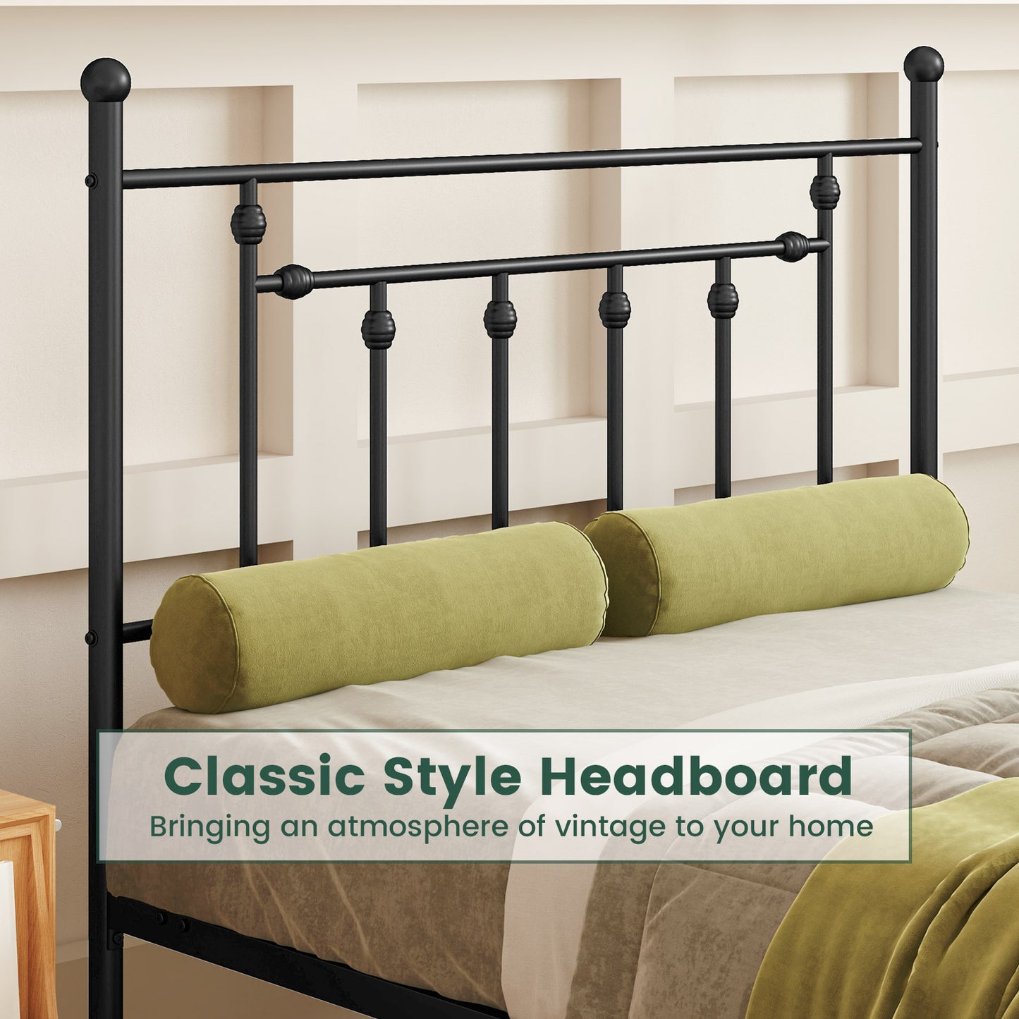Black Metal Bed Frame with Slatted Base and Elevated Headboard, Full Size