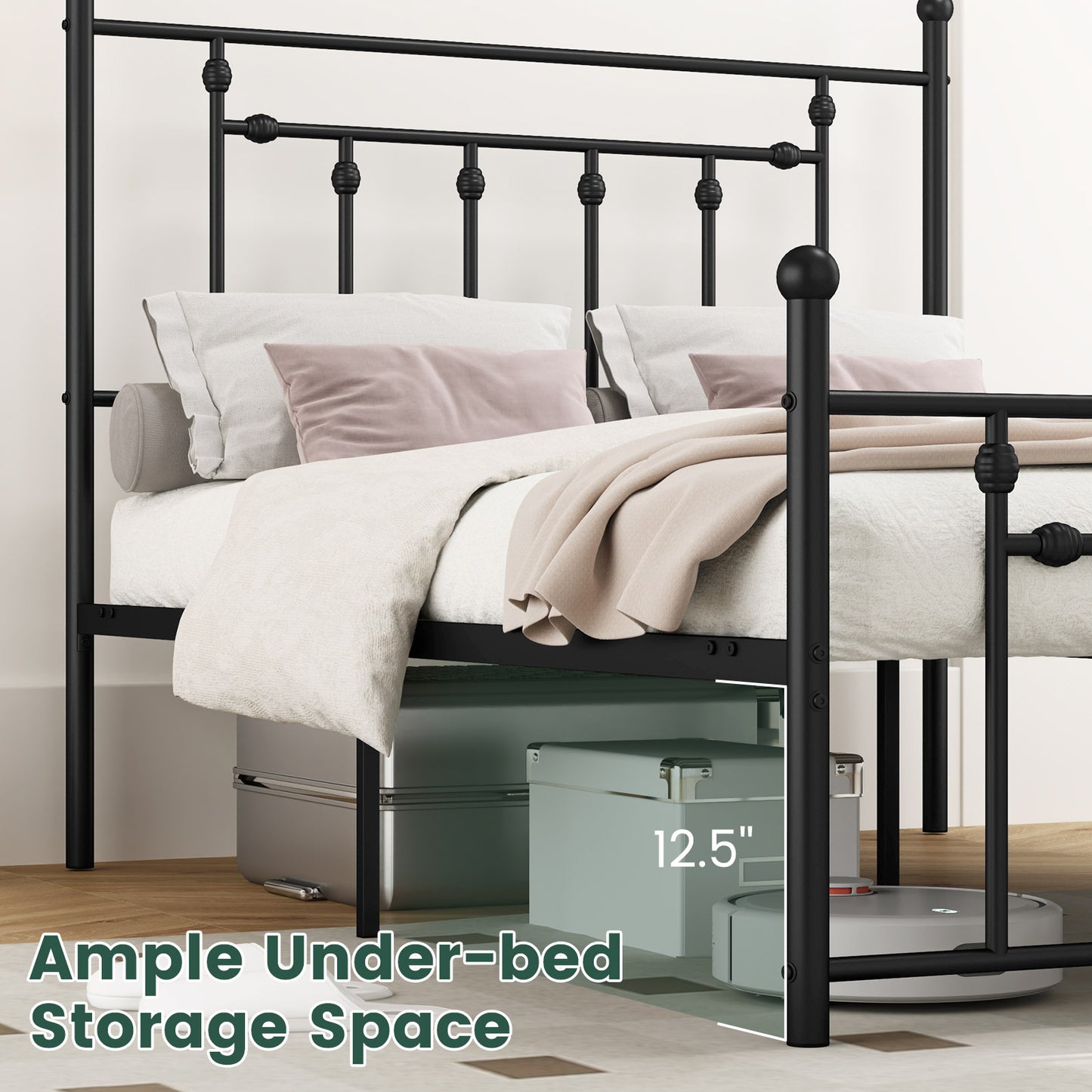 Black Metal Bed Frame with Slatted Base and Elevated Headboard, Full Size