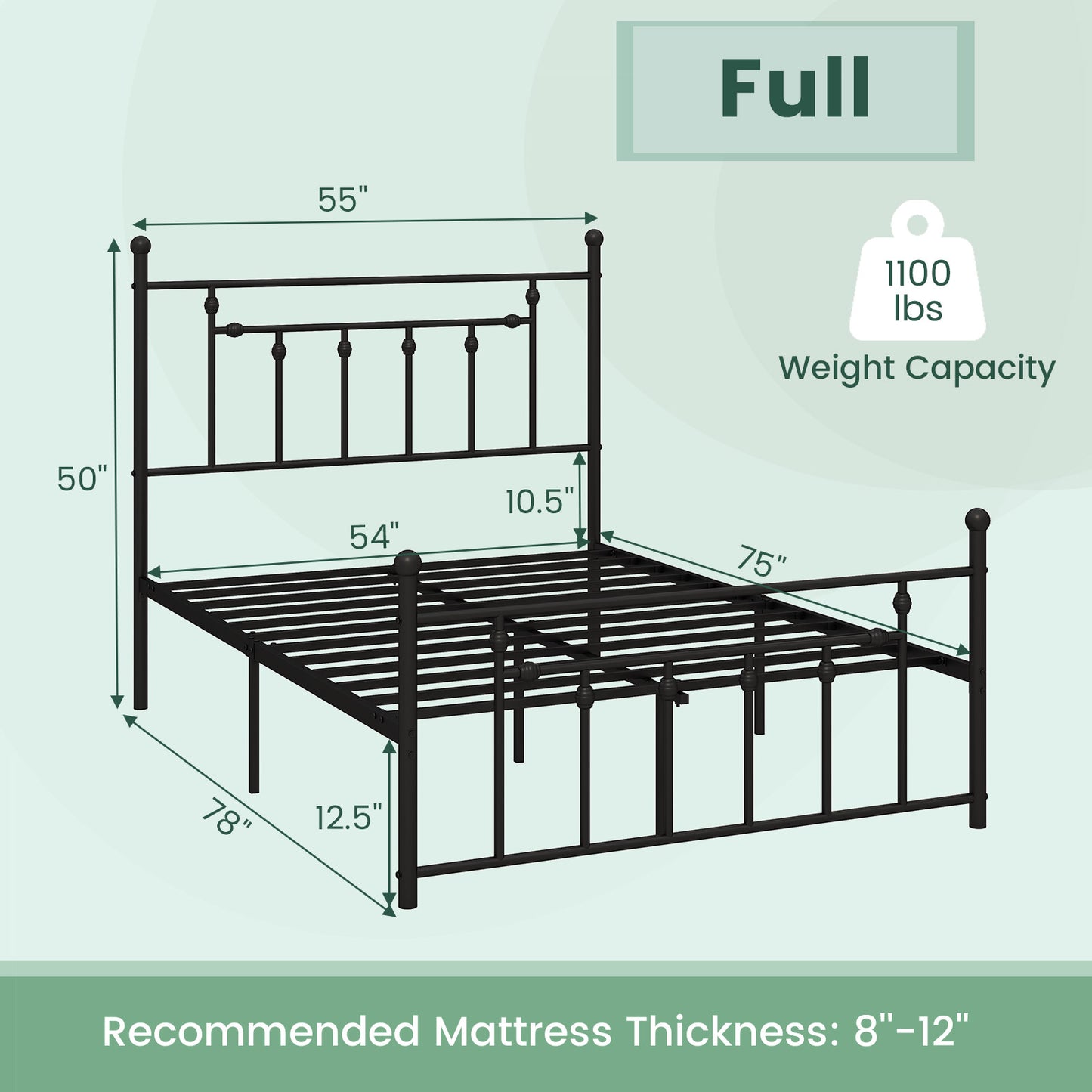 Black Metal Bed Frame with Slatted Base and Elevated Headboard, Full Size