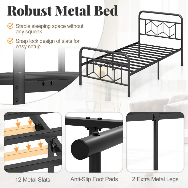 Modern Metal Platform Bed with Tall Graphic Headboard and Snap Lock Slats, Twin Size