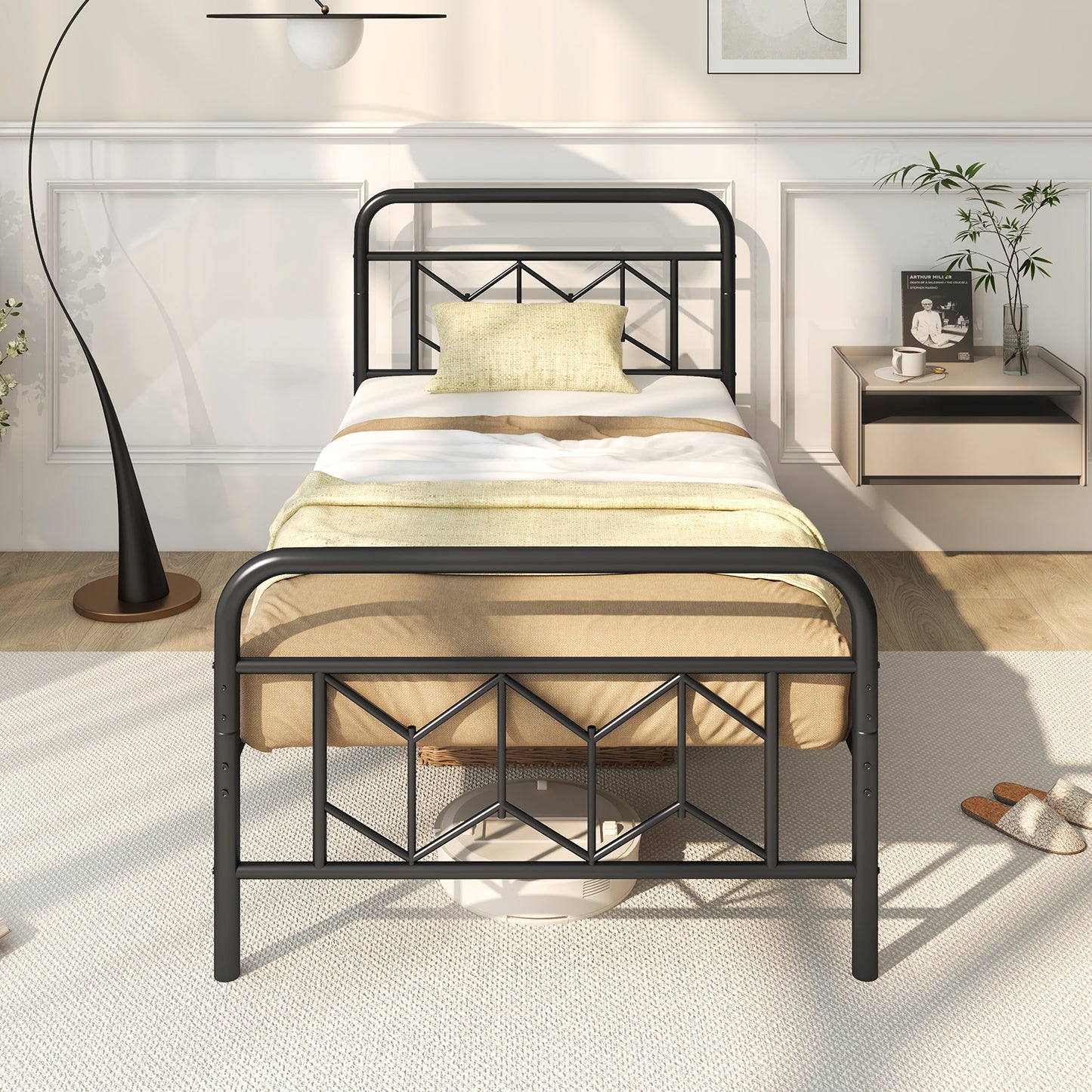 Modern Metal Platform Bed with Tall Graphic Headboard and Snap Lock Slats, Twin Size