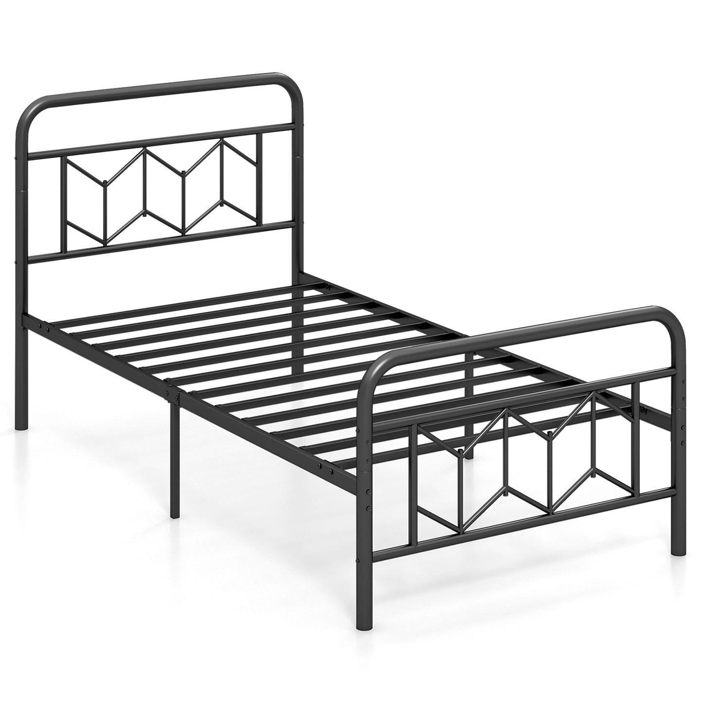 Modern Metal Platform Bed with Tall Graphic Headboard and Snap Lock Slats, Twin Size