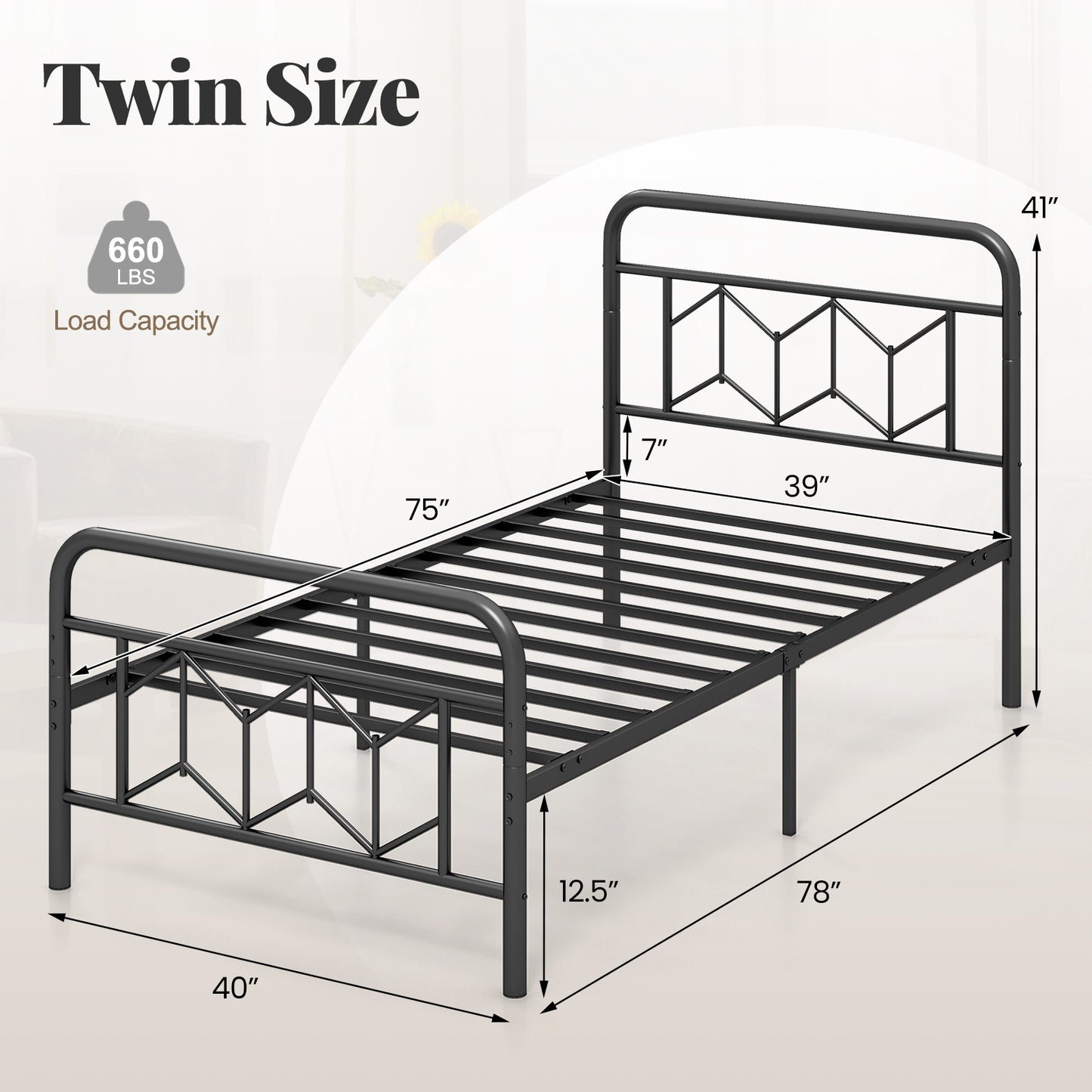 Modern Metal Platform Bed with Tall Graphic Headboard and Snap Lock Slats, Twin Size