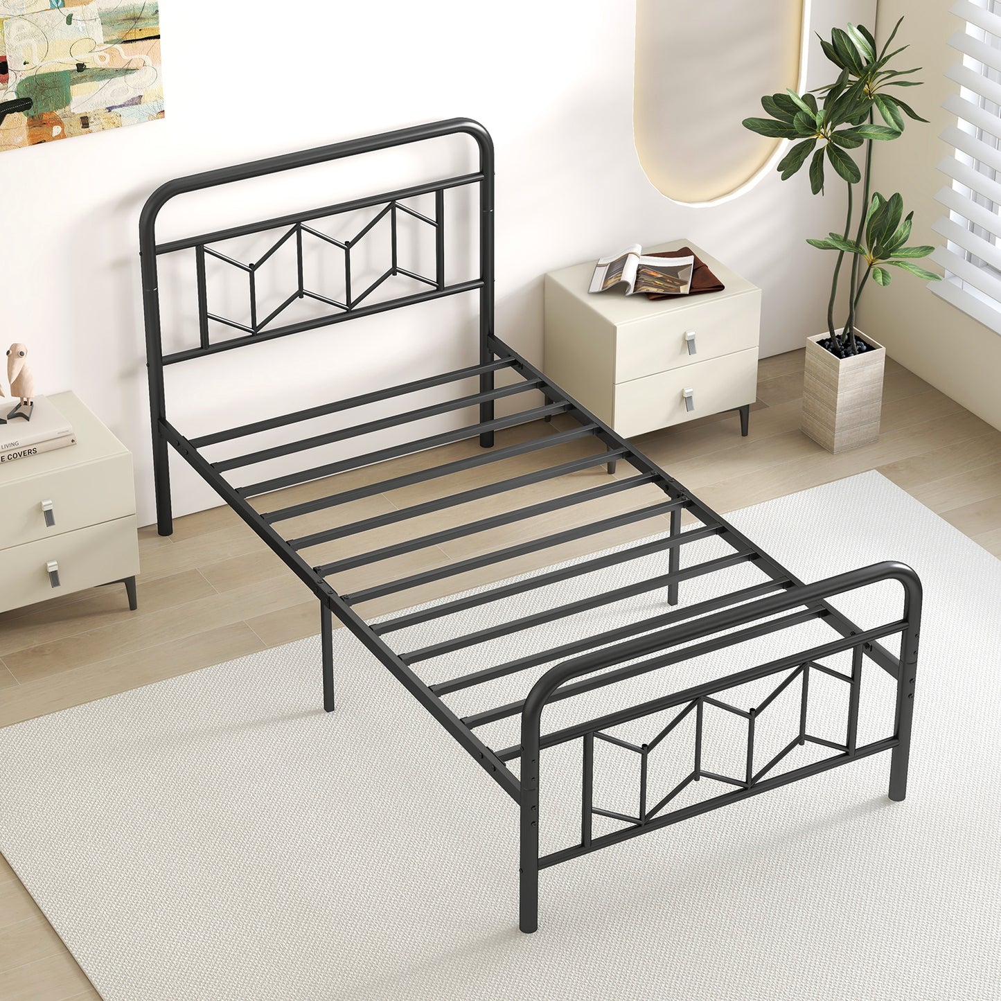 Modern Metal Platform Bed with Tall Graphic Headboard and Snap Lock Slats, Twin Size