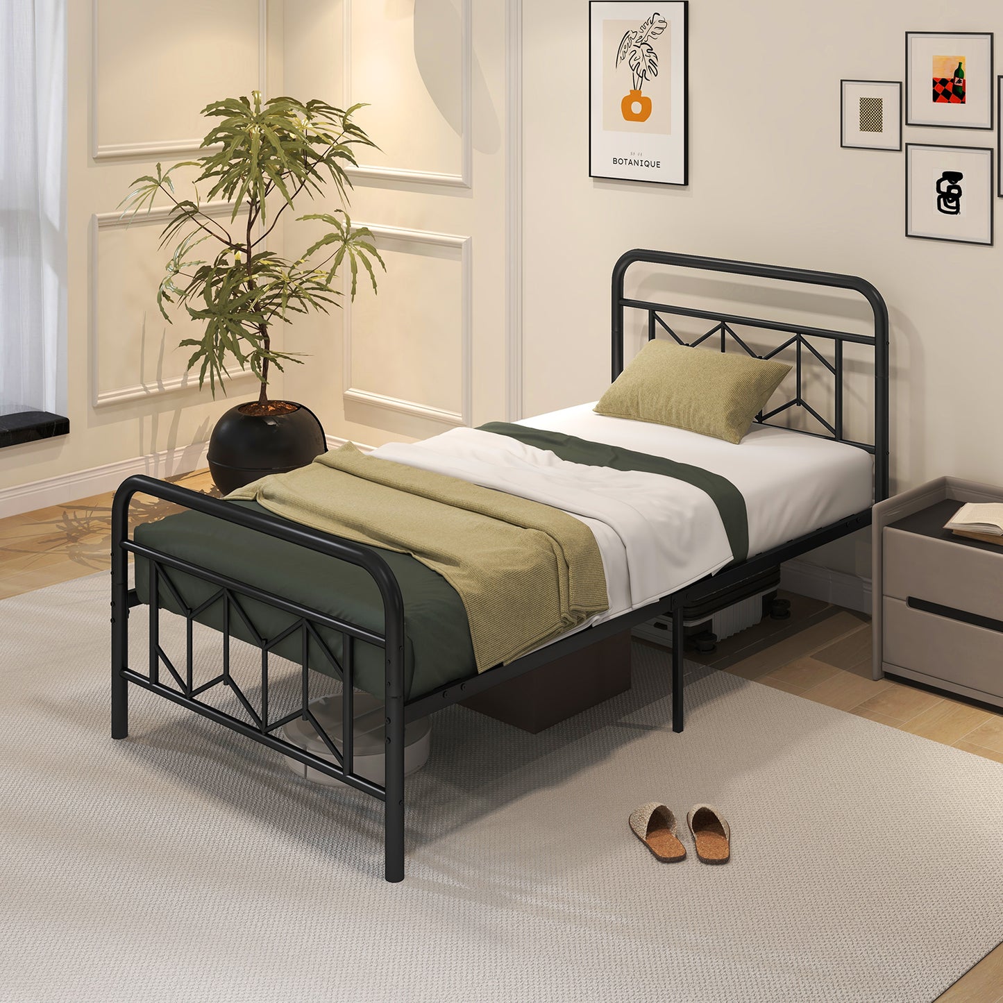 Modern Metal Platform Bed with Tall Graphic Headboard and Snap Lock Slats, Twin Size