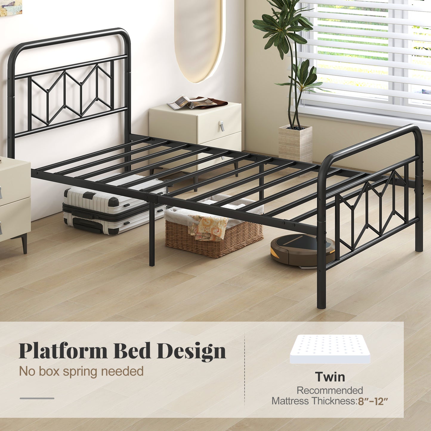 Modern Metal Platform Bed with Tall Graphic Headboard and Snap Lock Slats, Twin Size