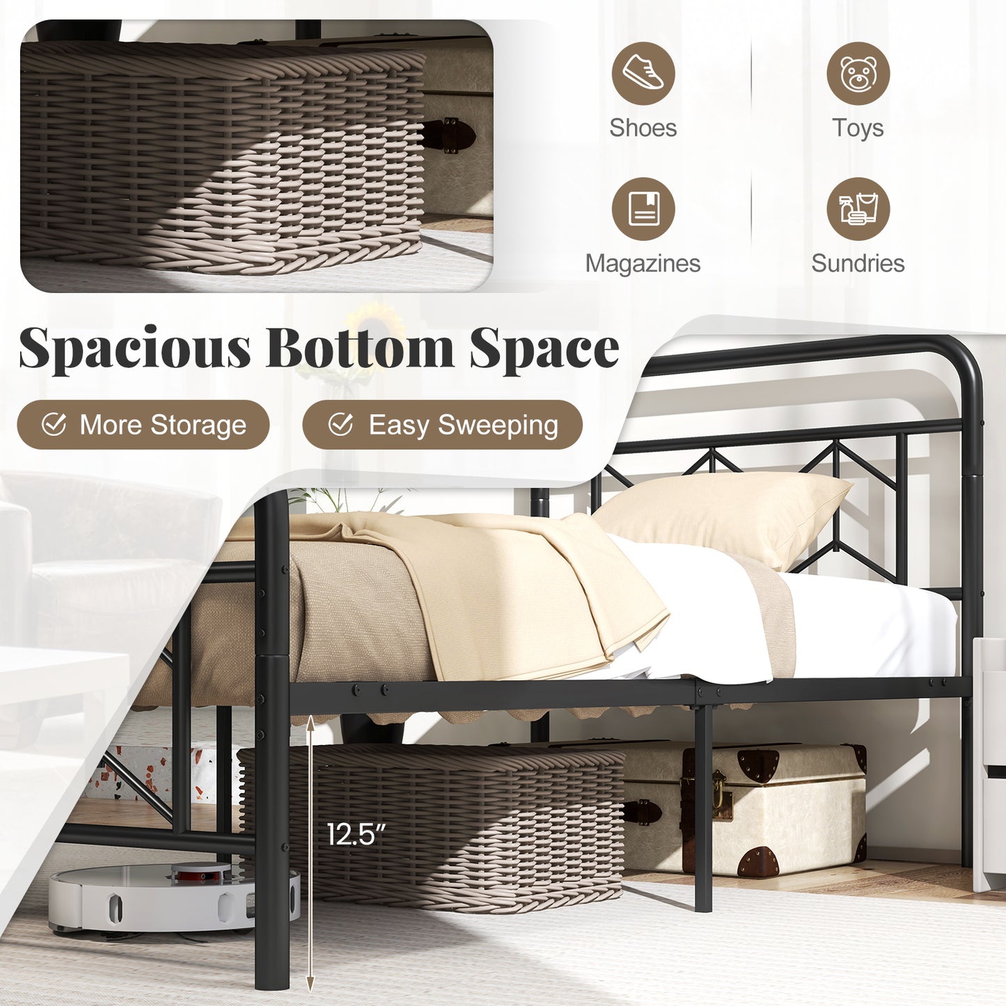 Modern Metal Platform Bed with Tall Graphic Headboard and Snap Lock Slats, Twin Size