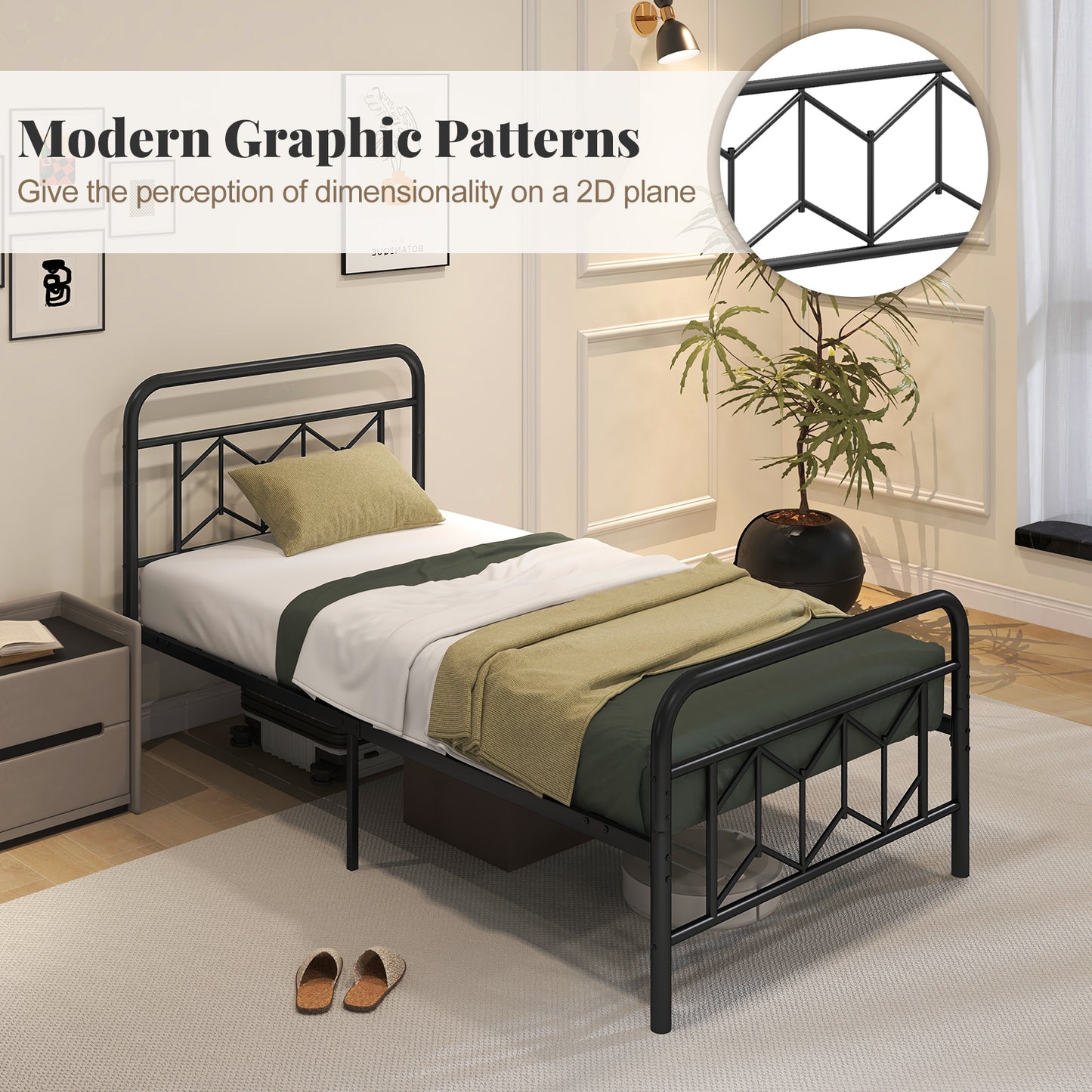 Modern Metal Platform Bed with Tall Graphic Headboard and Snap Lock Slats, Twin Size