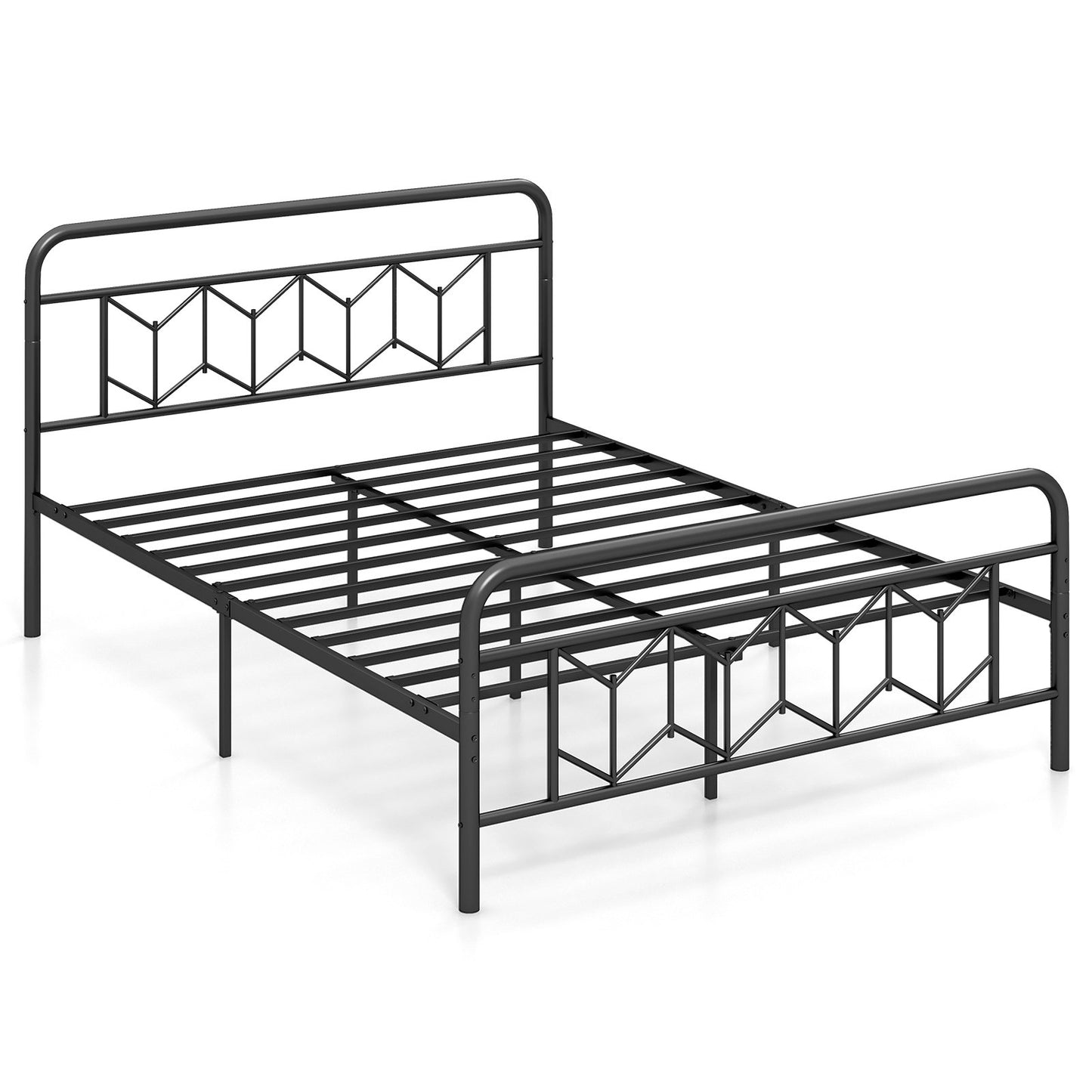 Modern Metal Platform Bed with Tall Graphic Headboard and Snap Lock Slats, Queen Size