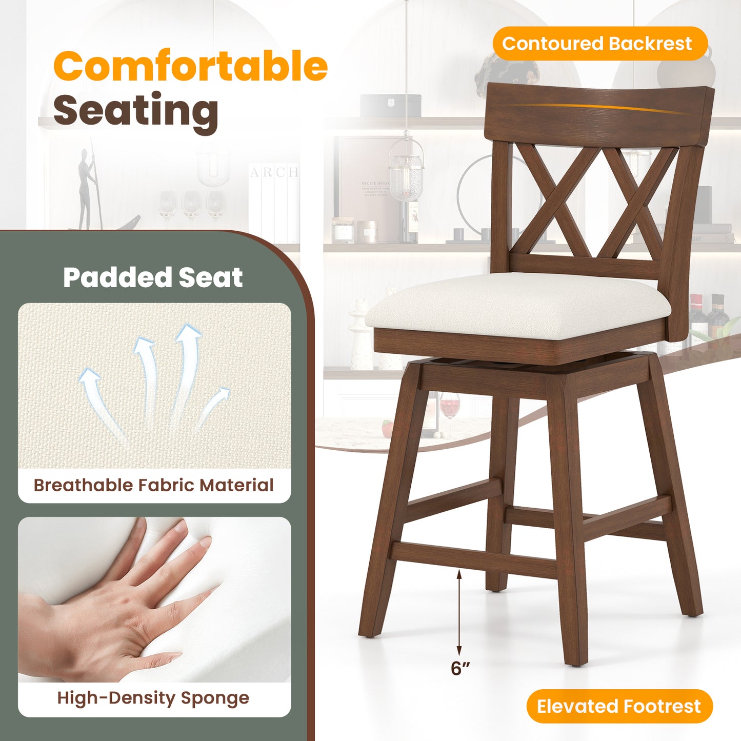 Swivel Bar Stool with Padded Seat and Ergonomic Backrest for Kitchen or Dining Space Brown 26 Inch