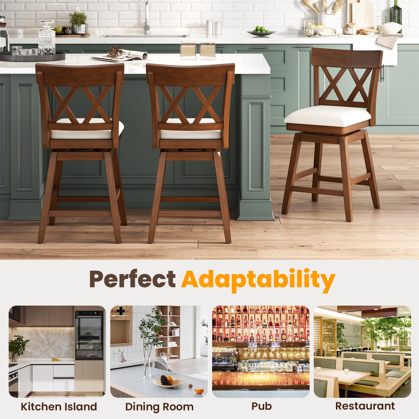 Swivel Bar Stool with Padded Seat and Ergonomic Backrest for Kitchen or Dining Space Brown 26 Inch