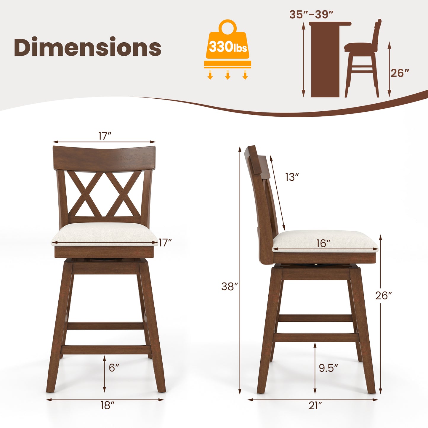 Swivel Bar Stool with Padded Seat and Ergonomic Backrest for Kitchen or Dining Space Brown 26 Inch