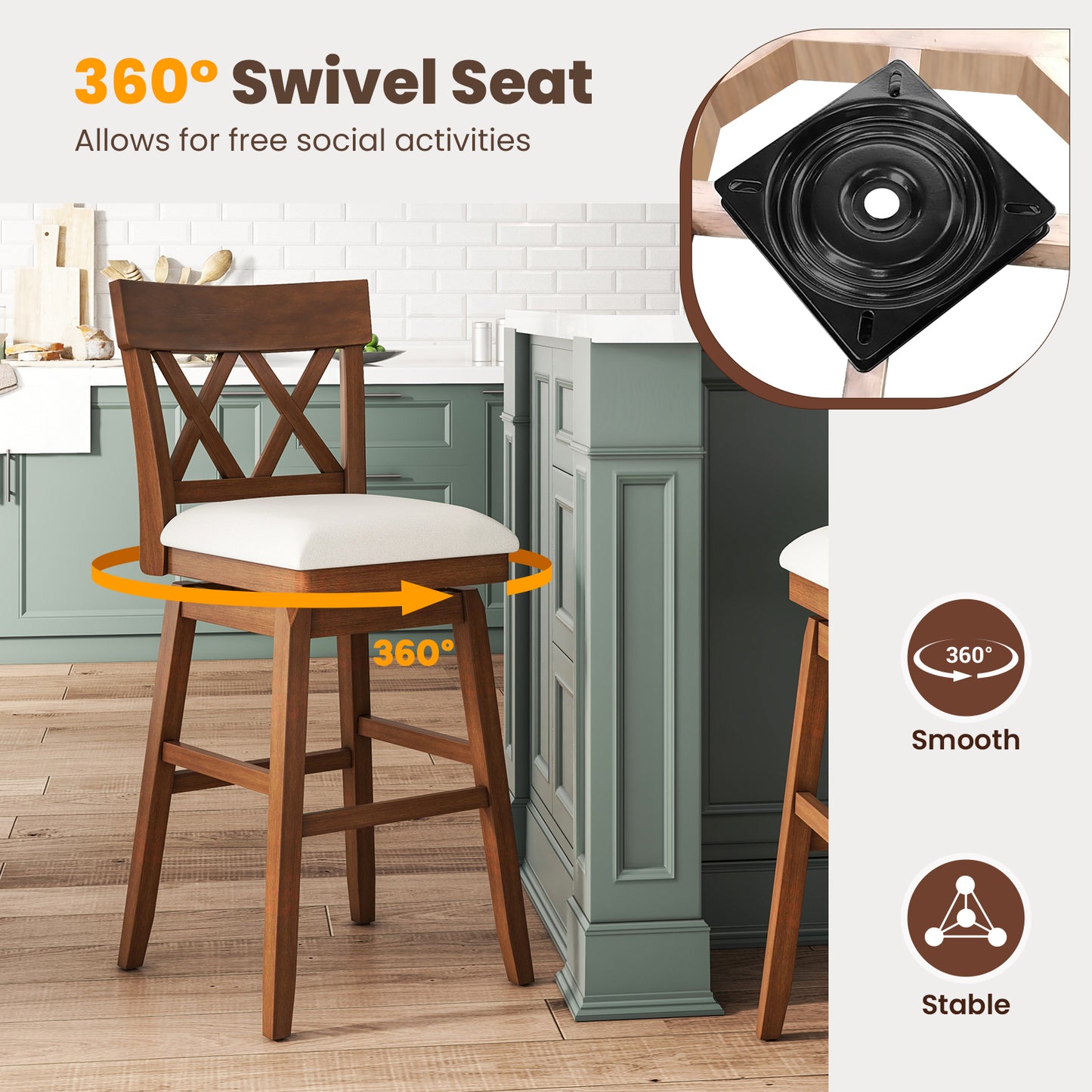 Swivel Bar Stool with Padded Seat and Ergonomic Backrest for Kitchen or Dining Space Brown 31 Inch