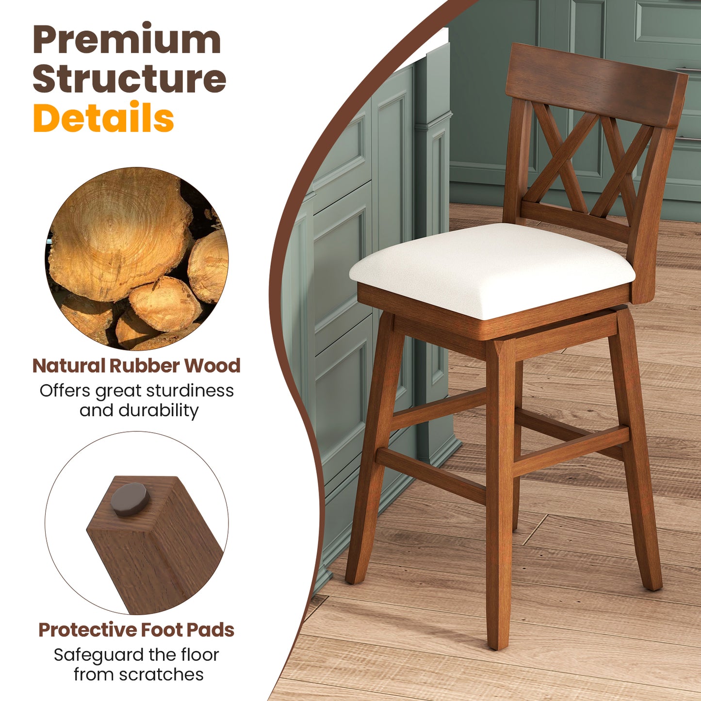 Swivel Bar Stool with Padded Seat and Ergonomic Backrest for Kitchen or Dining Space Brown 31 Inch