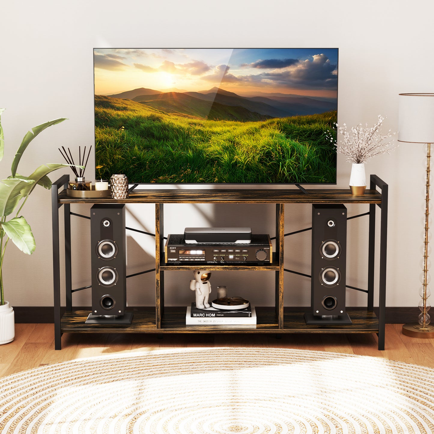 Rustic Industrial TV Stand with Ample Storage and Open Shelves for TVs up to 55 Inches