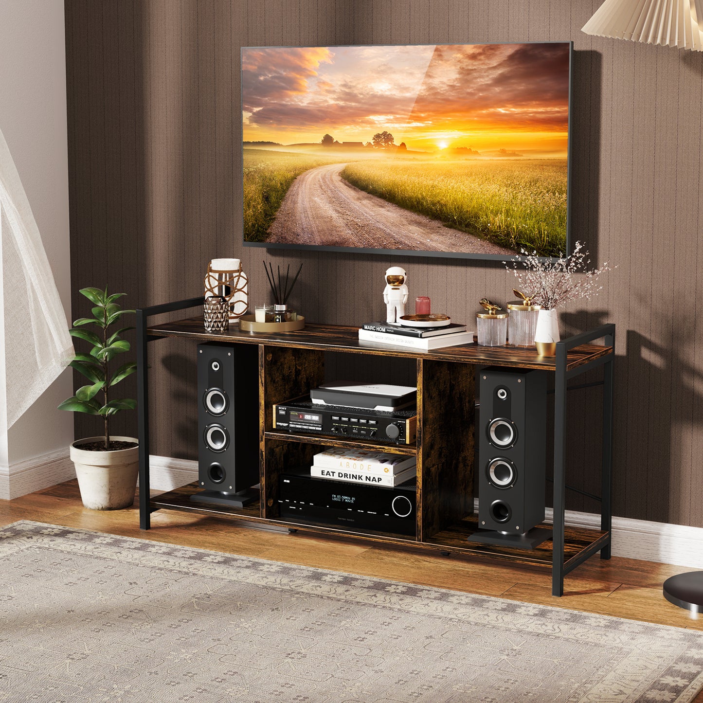 Rustic Industrial TV Stand with Ample Storage and Open Shelves for TVs up to 55 Inches