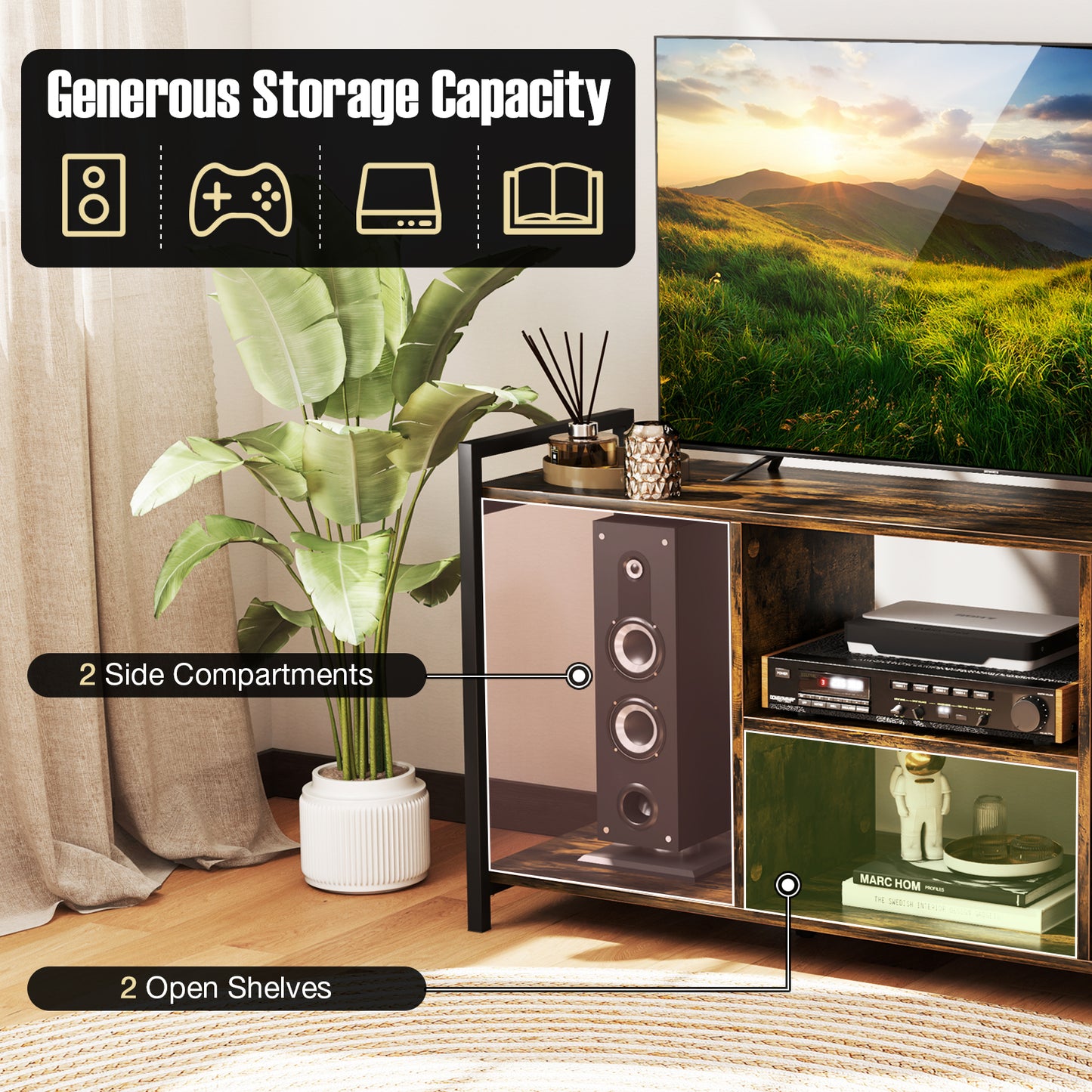Rustic Industrial TV Stand with Ample Storage and Open Shelves for TVs up to 55 Inches