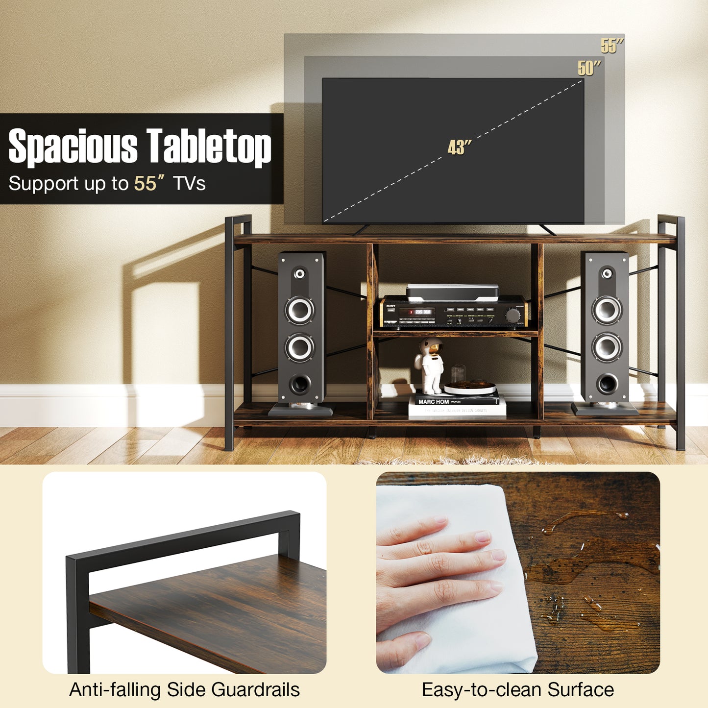 Rustic Industrial TV Stand with Ample Storage and Open Shelves for TVs up to 55 Inches