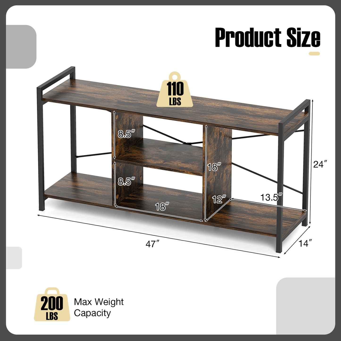 Rustic Industrial TV Stand with Ample Storage and Open Shelves for TVs up to 55 Inches