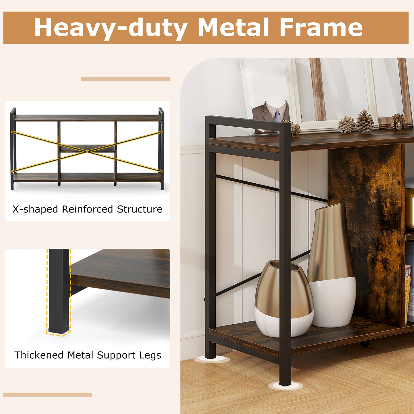 Rustic Industrial TV Stand with Ample Storage and Open Shelves for TVs up to 55 Inches