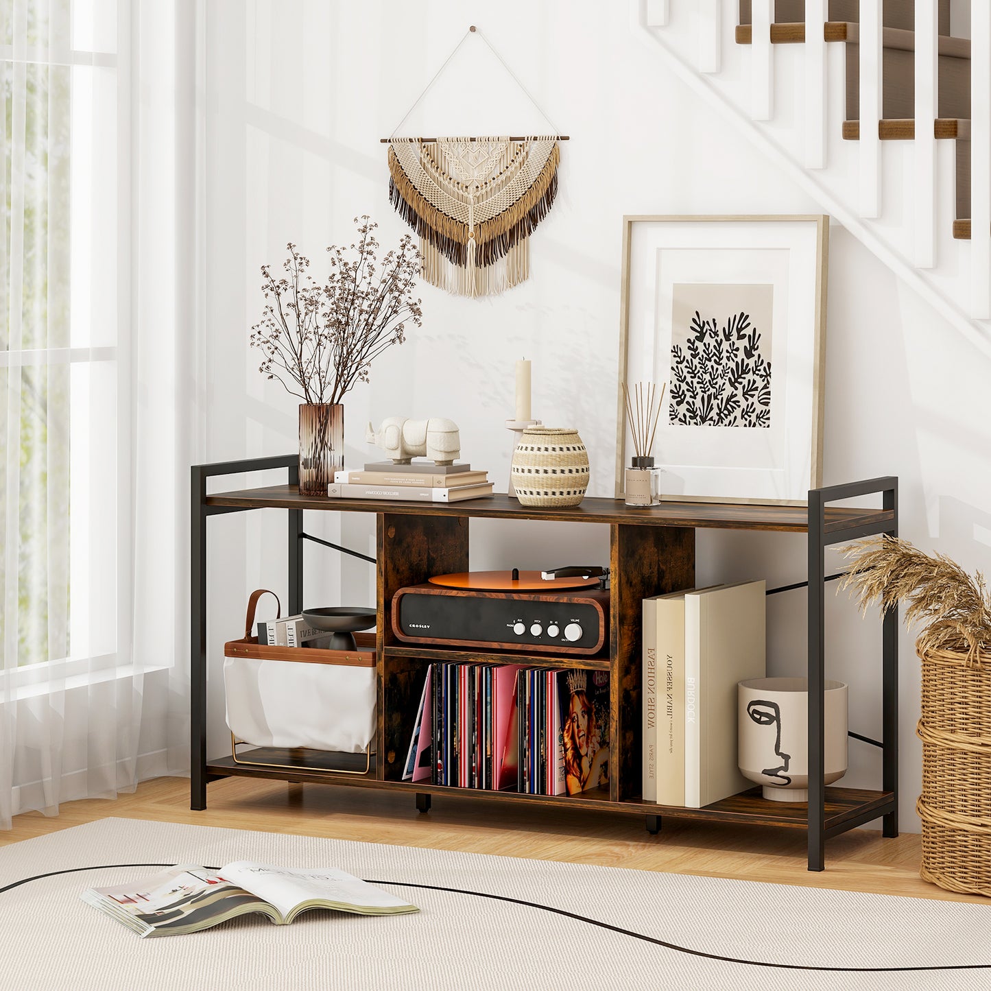 Rustic Industrial TV Stand with Ample Storage and Open Shelves for TVs up to 55 Inches