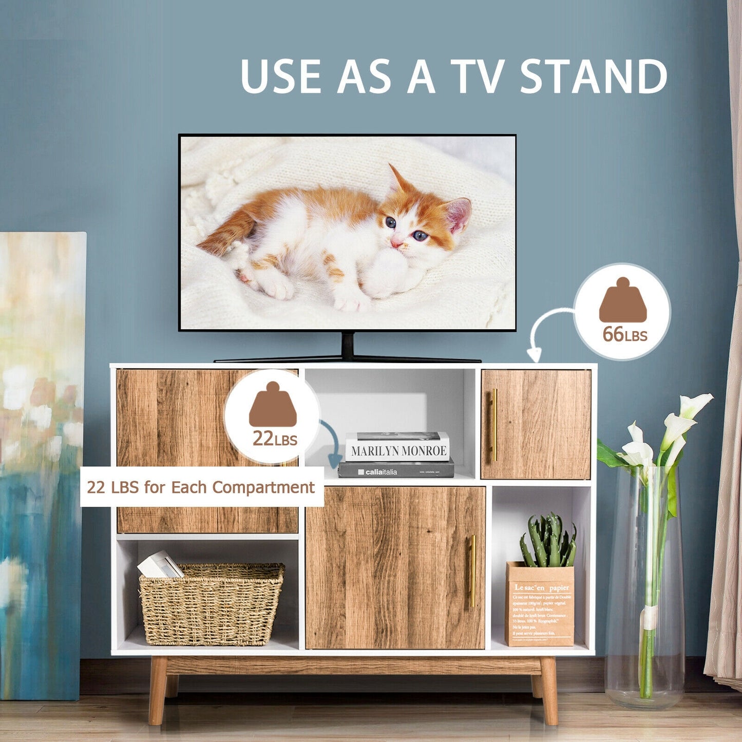 Contemporary Sideboard with 6 Storage Compartments and Cabinet Doors