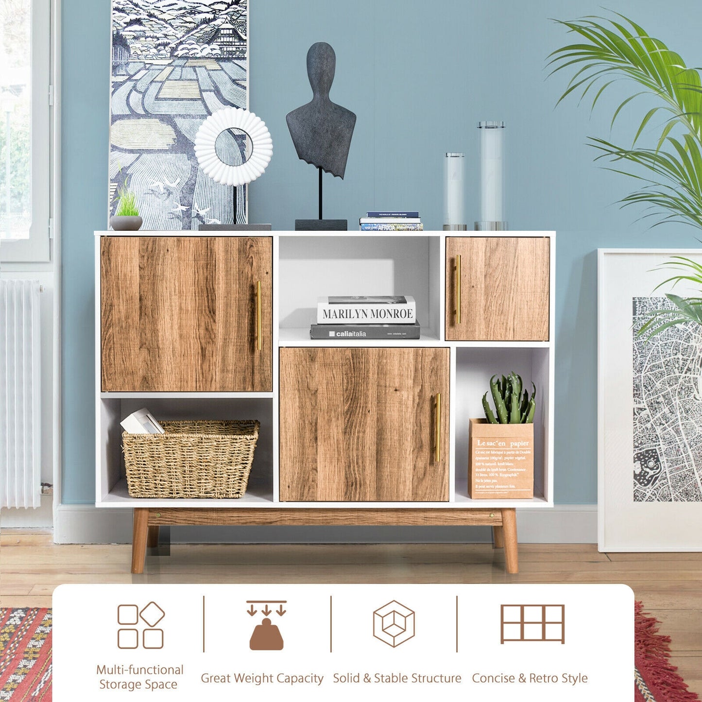 Contemporary Sideboard with 6 Storage Compartments and Cabinet Doors