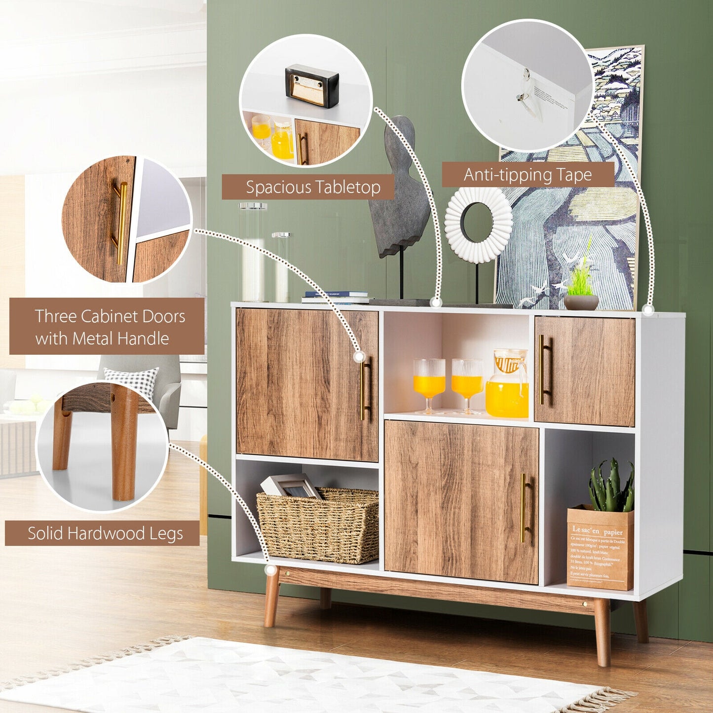 Contemporary Sideboard with 6 Storage Compartments and Cabinet Doors