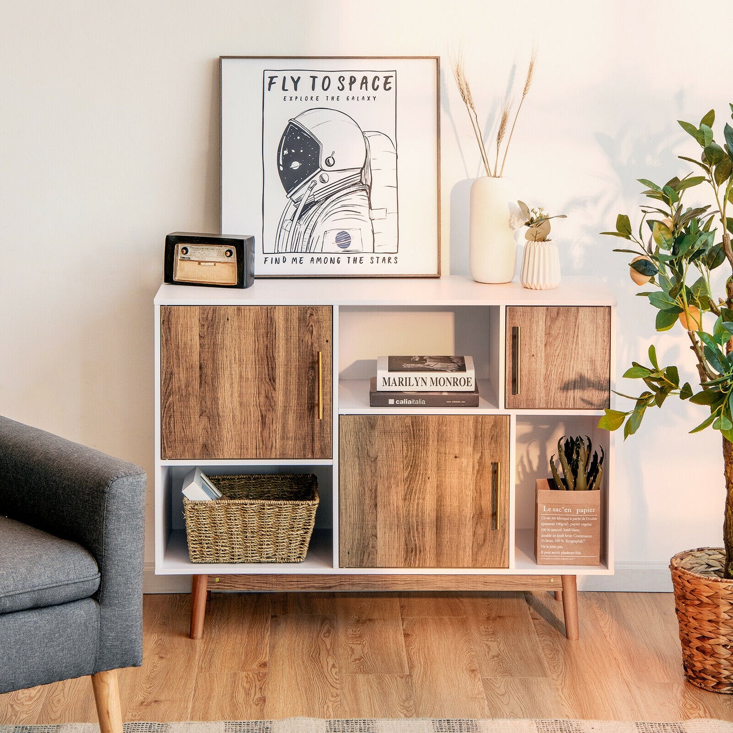 Contemporary Sideboard with 6 Storage Compartments and Cabinet Doors