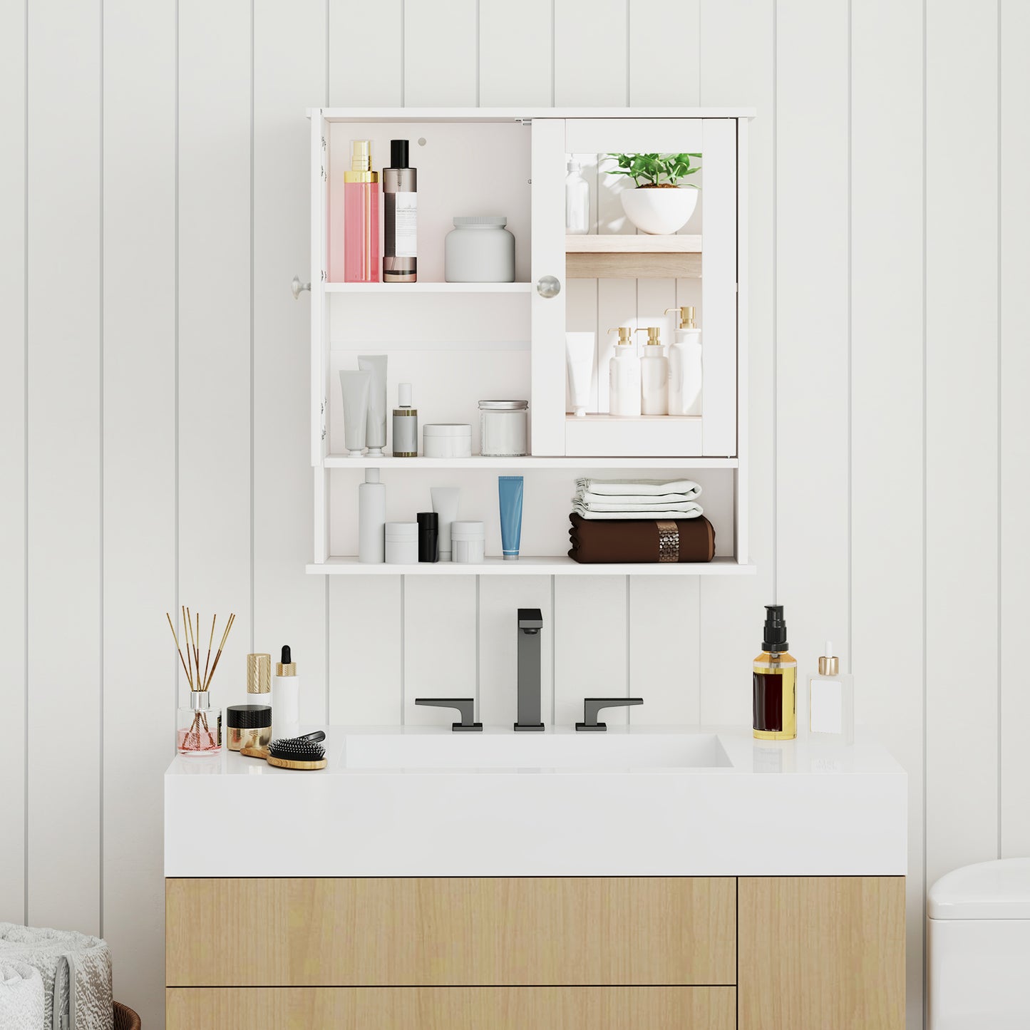 Space Saving Wall Cabinet with Mirror and Adjustable Shelves