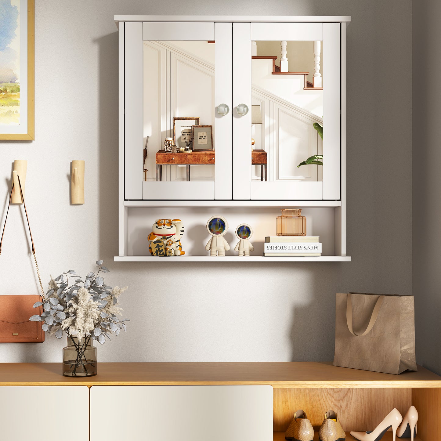 Space Saving Wall Cabinet with Mirror and Adjustable Shelves