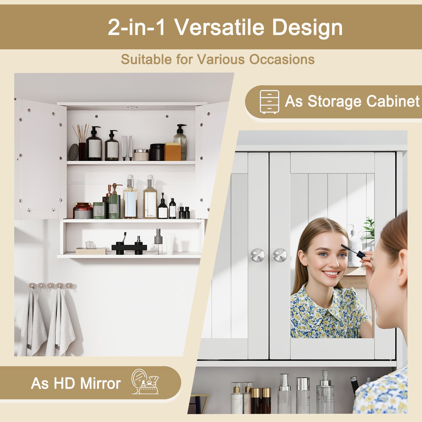 Space Saving Wall Cabinet with Mirror and Adjustable Shelves