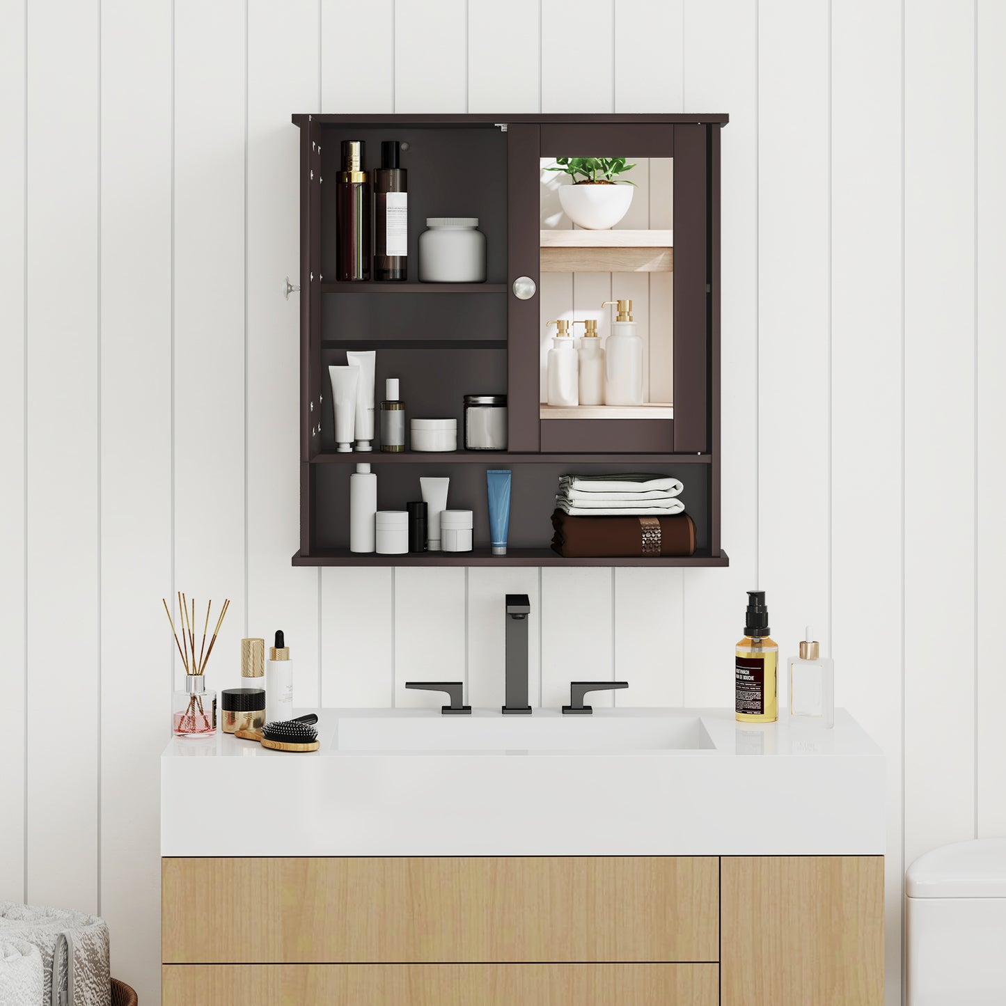 Space Saving Wall Cabinet with Mirror and Adjustable Shelves