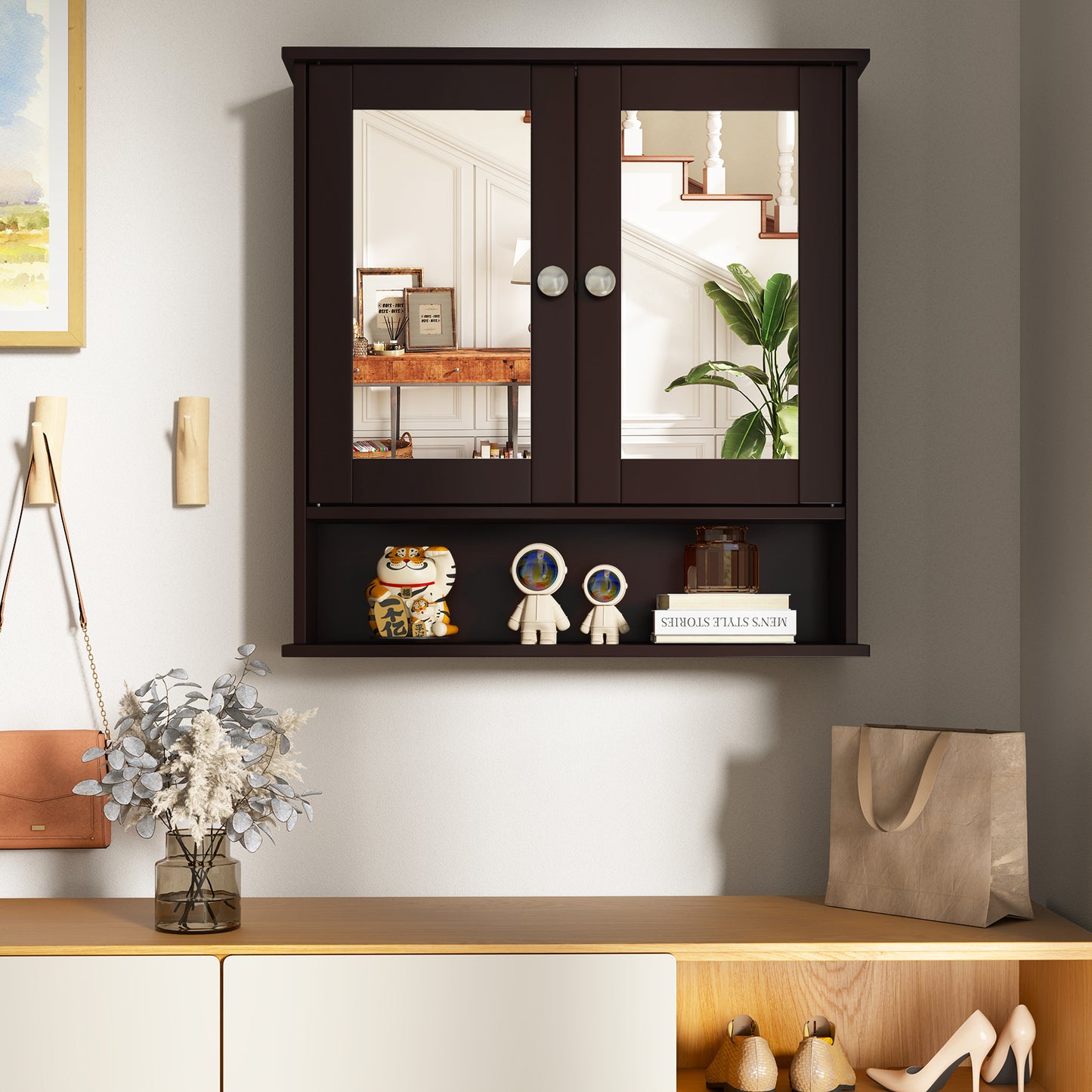 Space Saving Wall Cabinet with Mirror and Adjustable Shelves