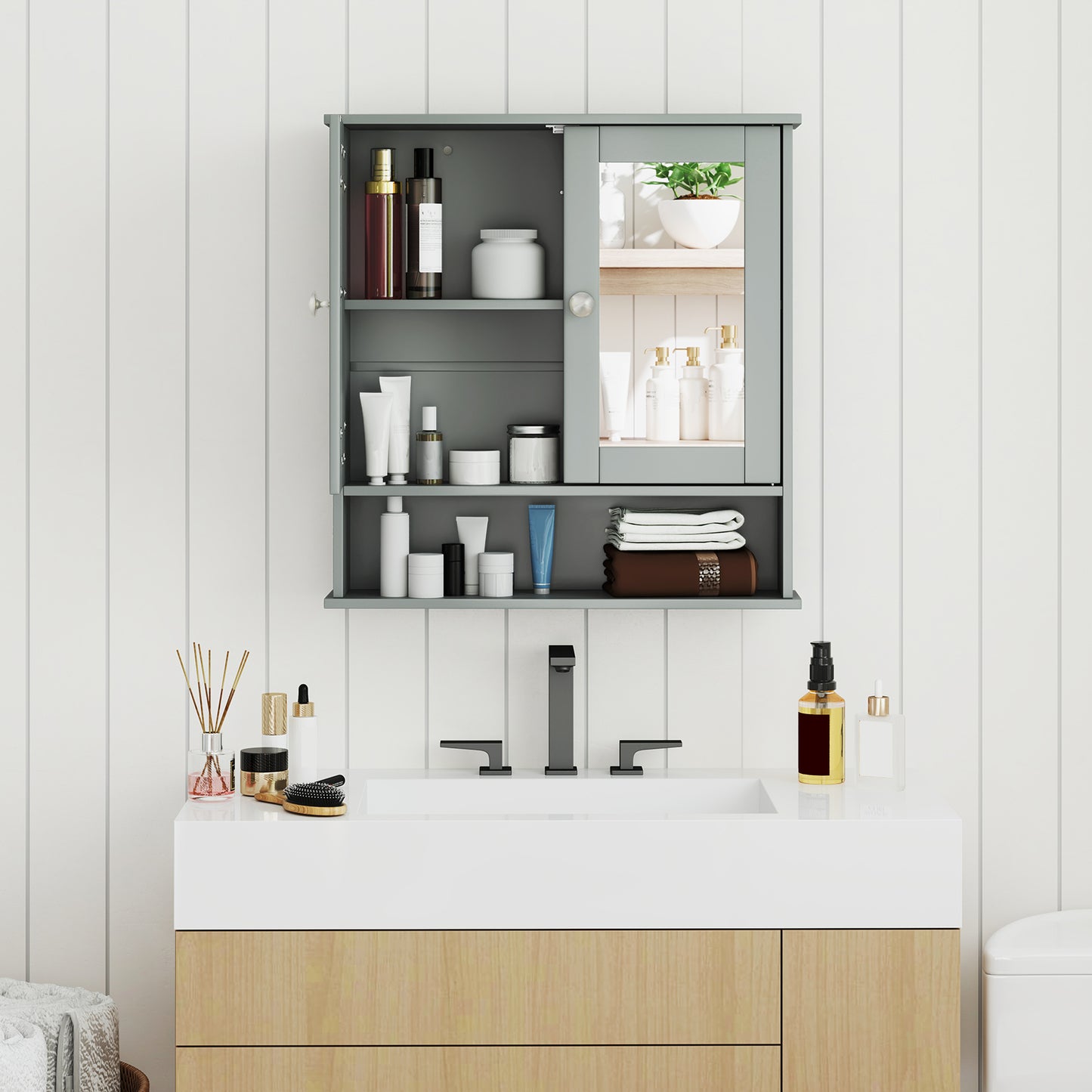 Space Saving Wall Cabinet with Mirror and Adjustable Shelves