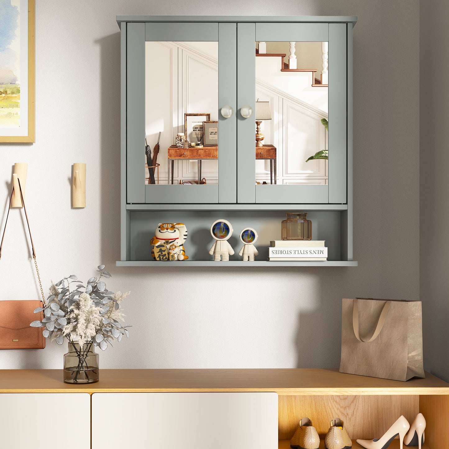 Space Saving Wall Cabinet with Mirror and Adjustable Shelves