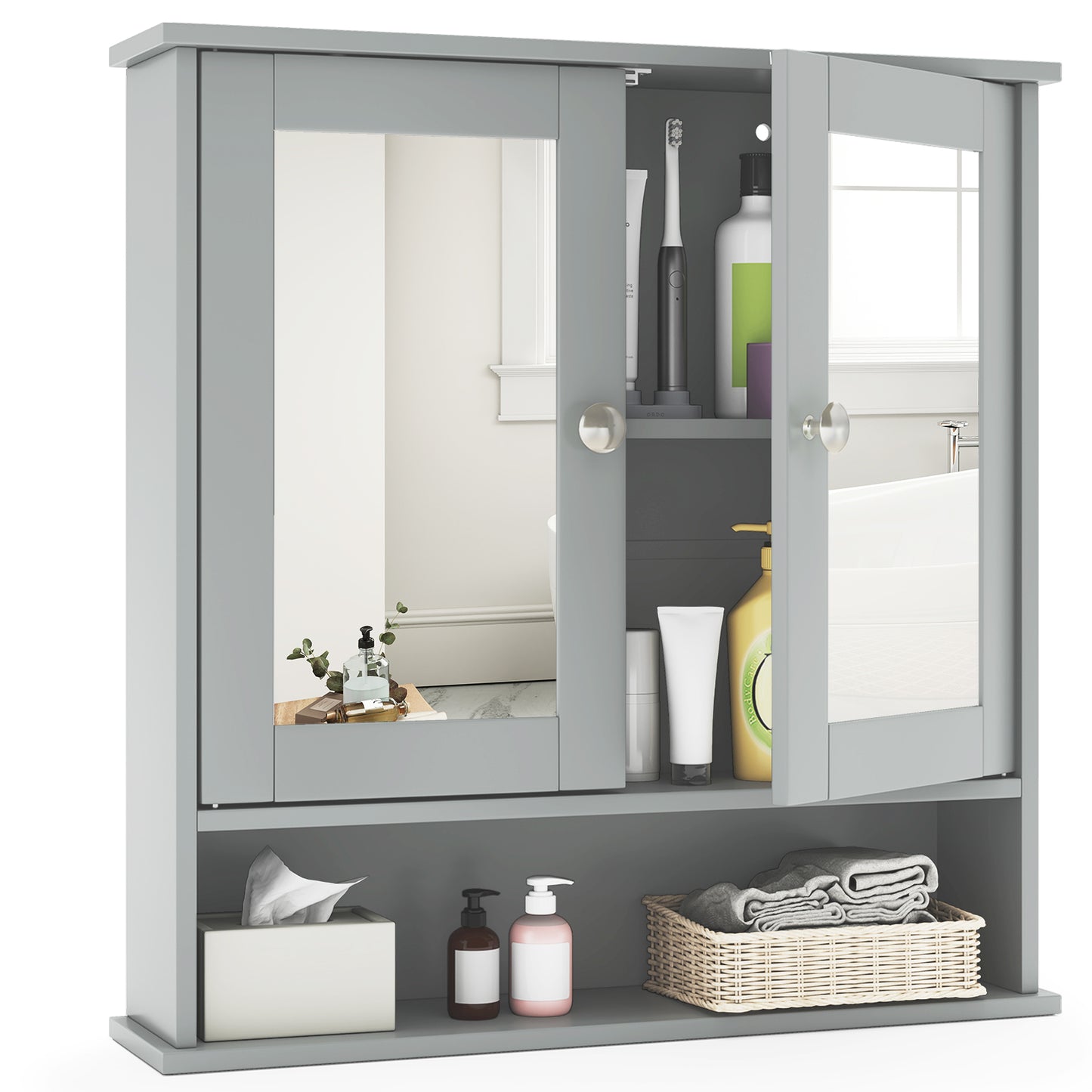 Space Saving Wall Cabinet with Mirror and Adjustable Shelves