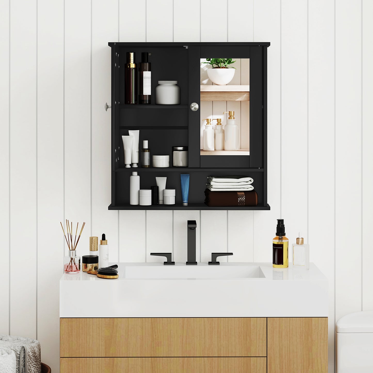 Space Saving Wall Cabinet with Mirror and Adjustable Shelves