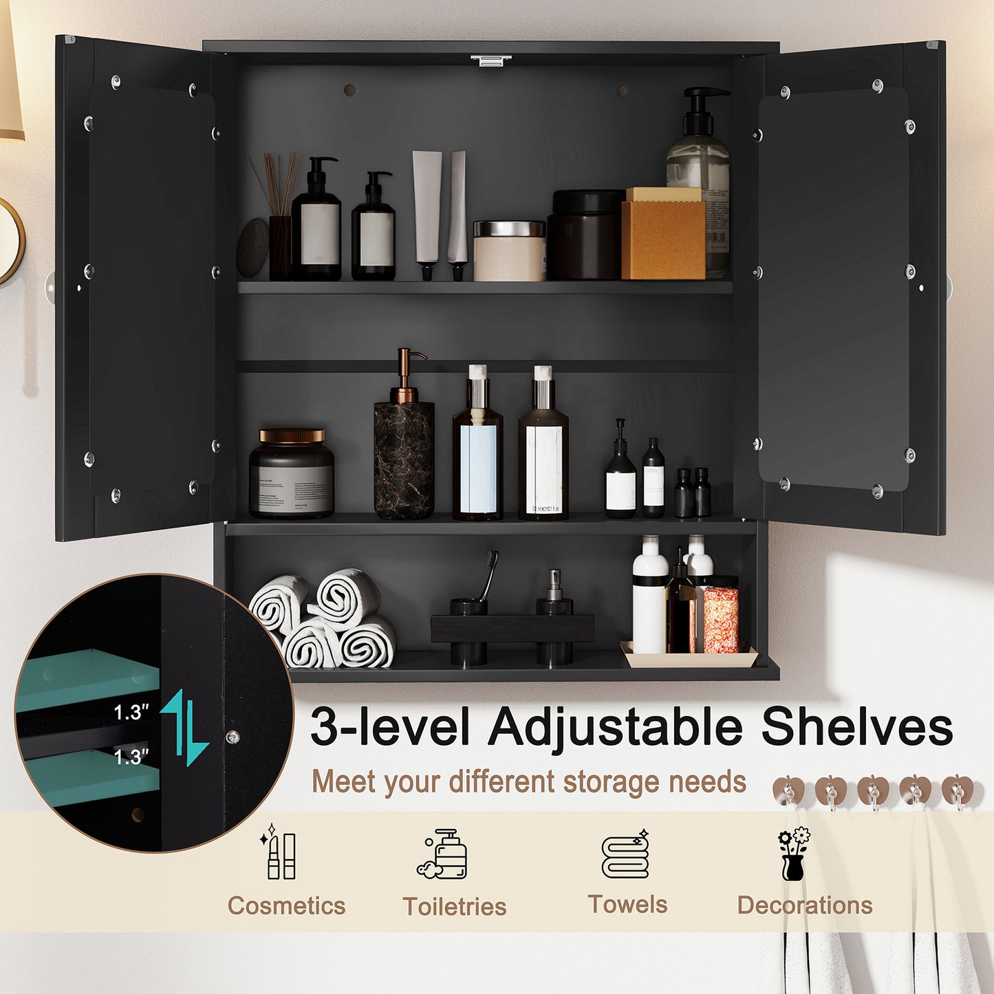 Space Saving Wall Cabinet with Mirror and Adjustable Shelves