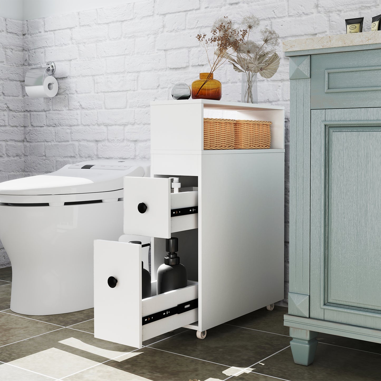 Slim White Bathroom Storage Cabinet with Slide Out Drawers & Rolling Wheels