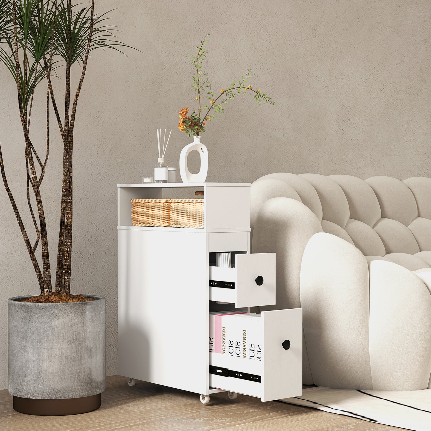 Slim White Bathroom Storage Cabinet with Slide Out Drawers & Rolling Wheels
